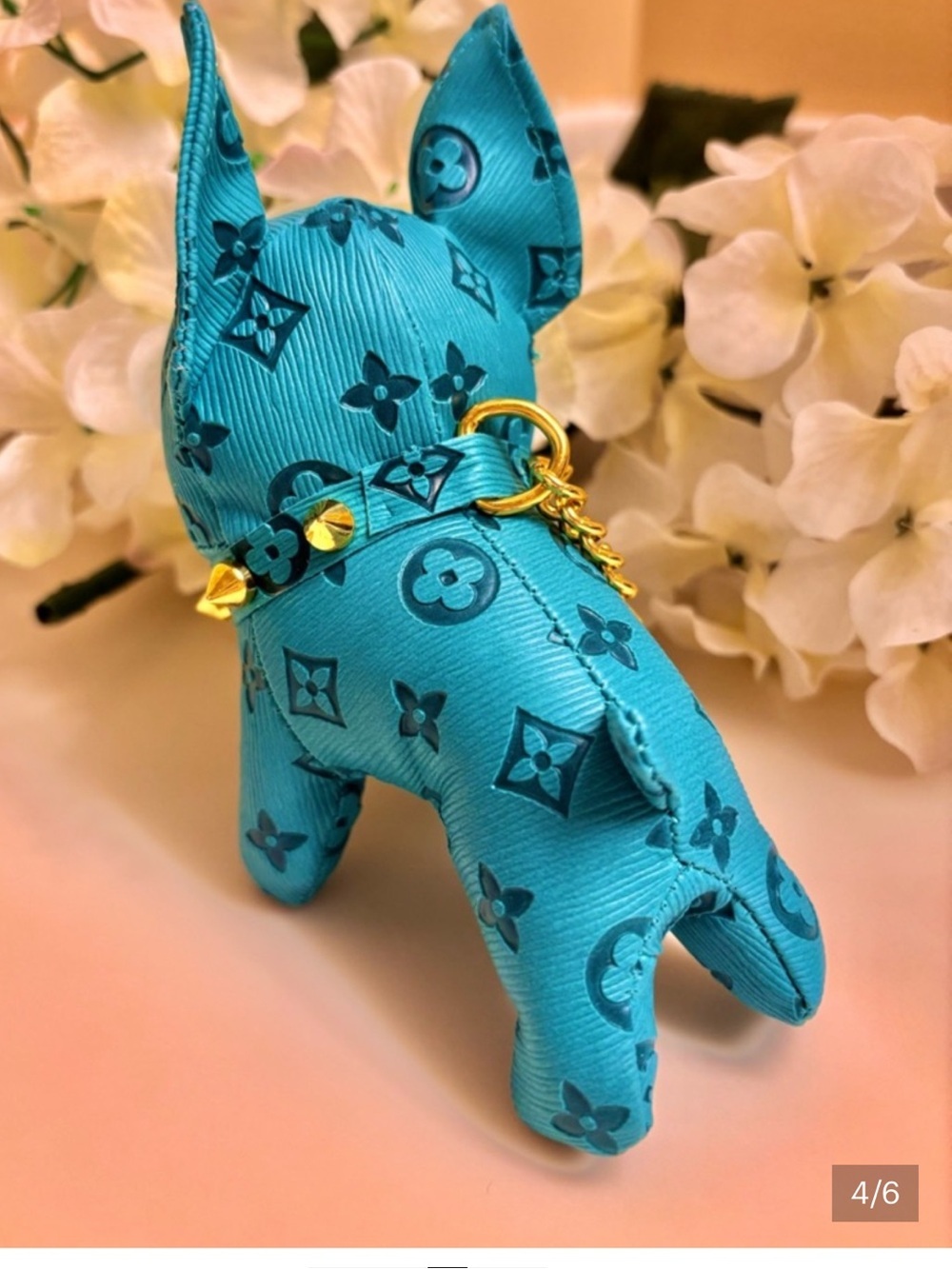 Bag Charm/Key Fob adorable Turquoise Frenchie Dog with spiked collar! - Picture 4 of 6